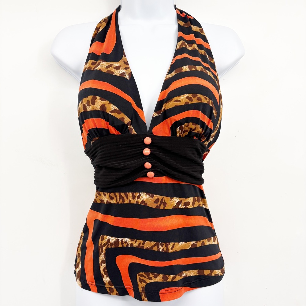 Viva You Womens Orange Leopard Tiger Stripe Y2K Indie Sleaze Halter Top Size S